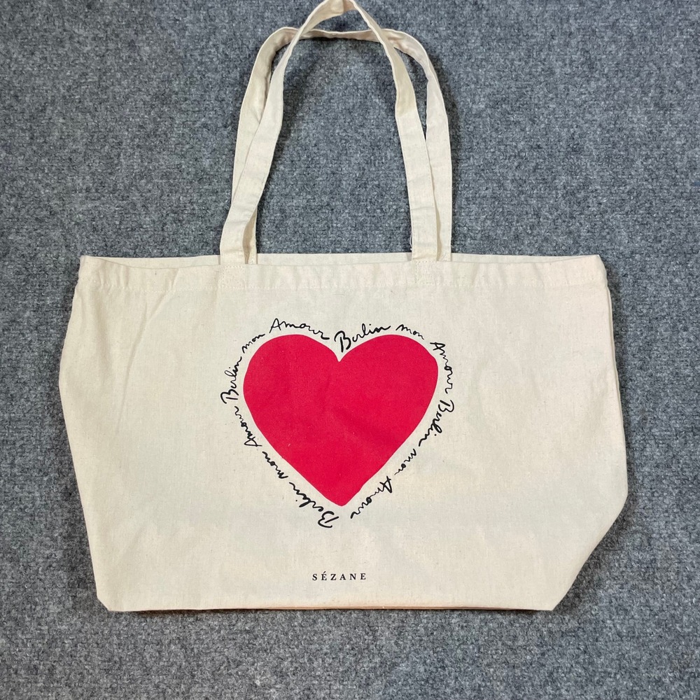 Sezane Tote Bag Cream Red Amour Berlin Heart Canvas Graphic Shopper